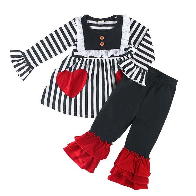 US $74.77 Kaiya Angel Valentines Day 2pcs For Kids Striped Top With Heart PocketsRed Ruffle Pants Children Girls Autumn Winter Outfits