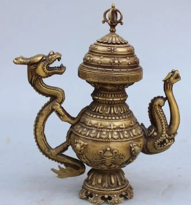 

S5331 12"Tibetan Buddhism Bronze auspicious symbol Dragon Wine Tea Pot Flagon Statue