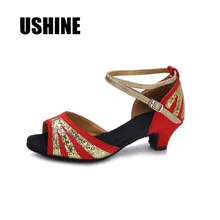 Красная атласная на низком каблуке Костюмы для бальных танцев Salsa Туфли для латинских танцев Для женщин Обувь для девочек WZJ