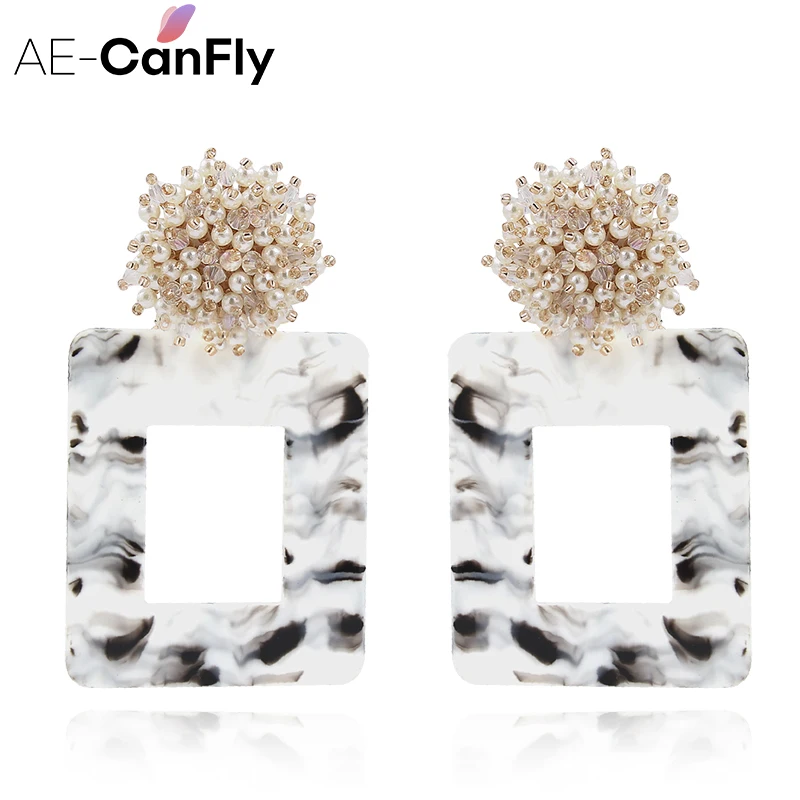 Aecanfly Exaggerated Rectangular Acetate Plate Earrings Pearl Handmade Fashion Earrings Aretes