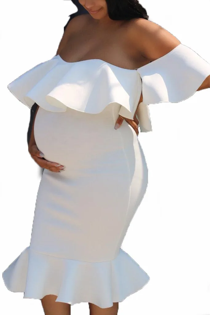 Летние платья с открытыми плечами и оборками для беременных; платья для беременных; реквизит для фотосессии; платья для беременных; платья для фотосессии - Цвет: Белый