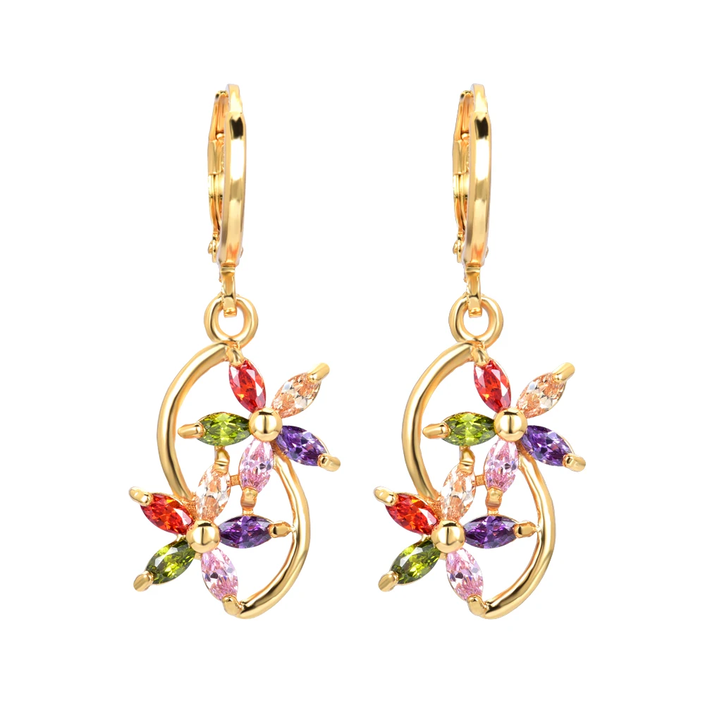

NEW Fashion CZ Drop Earrings Gold Color Double Flowers Multi-color Women Jewelry