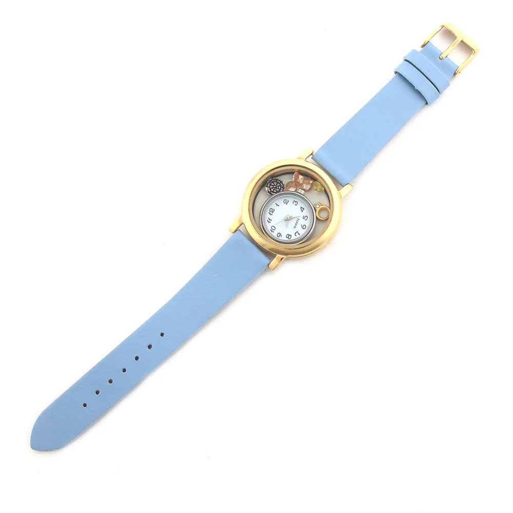 

Keamsty Blue Belt Stainless Steel Quartz Watch Locket Bracelet Set with Floating Charms