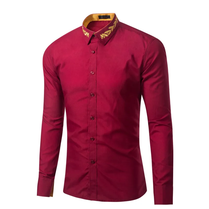 Для мужчин рубашки Бизнес с длинным рукавом отложной воротник Мужская рубашка с длинным рукавом с вышивкой Slim Fit нарядные свадебные рубашки F50 - Цвет: rose red