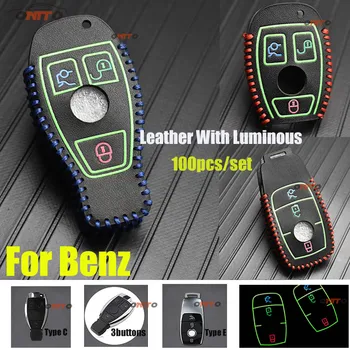 

Car Accessorie For Mercedes Benz C E Class 3Buttons Decoration Luminous Leather Car Key Case Bag Key Fob Shell Covers 100PCS/SET