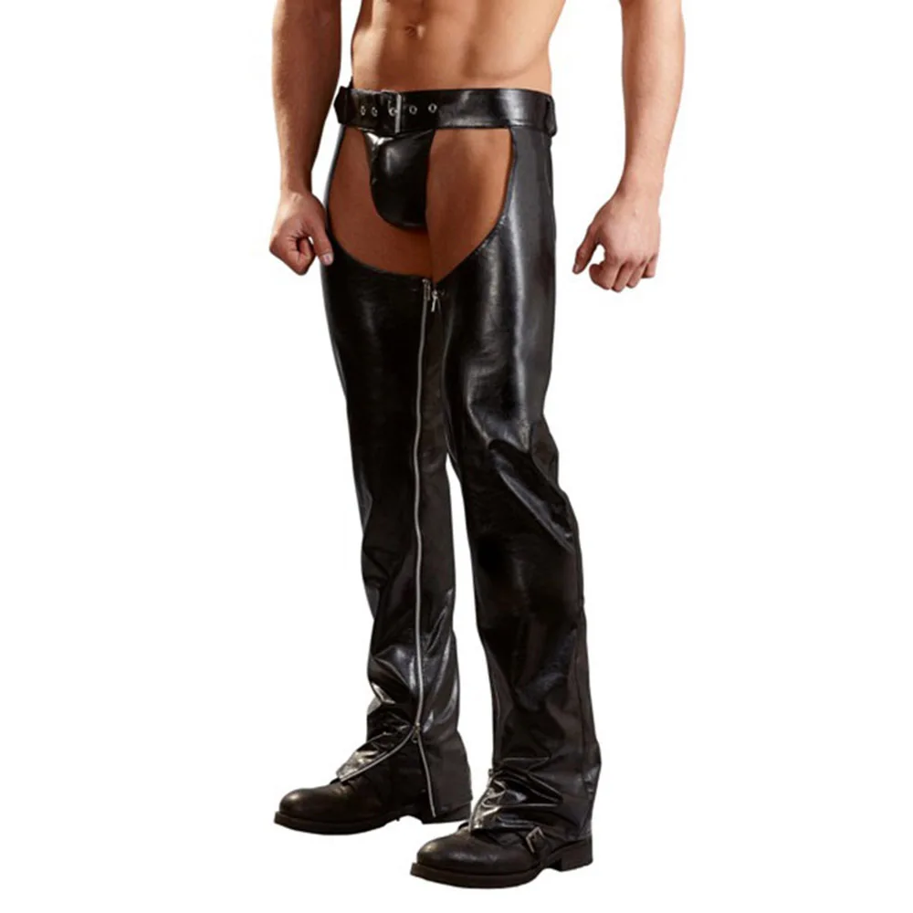 Mens Elastic Faux Leather PVC Pants Black Dance Party Hip Open Crotch Gay Fetish Trousers Side
