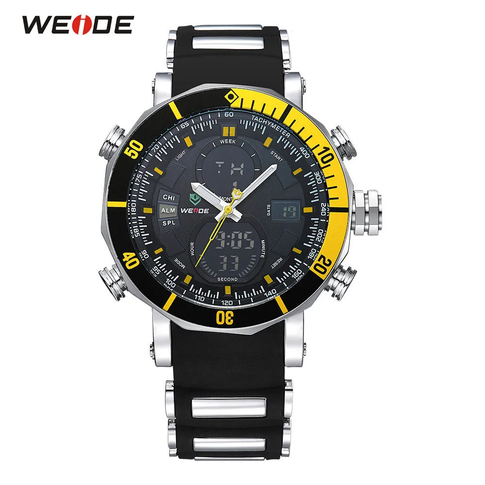 

2018 Fashion WEIDE Sport Watch Men Yellow Digital Quartz Watch PU Rubber Band Alarm LED Dual Time Wristwatch Relogios Masculinos