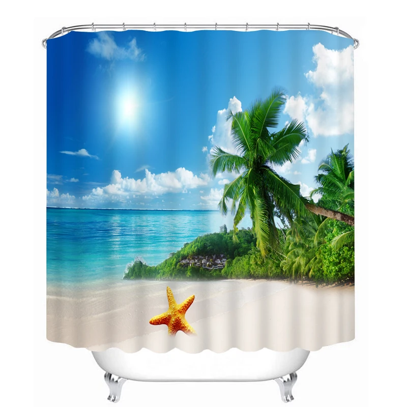 Sea Beach Palm Tree 3d Scenic Printed Bathroom Curtains for Shower