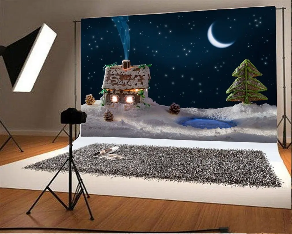 

Photography Backdrop Christmas Gingerbread House Tree Pine Cone Chimney Snow Shining Moon Starry Night Winter Photo Background
