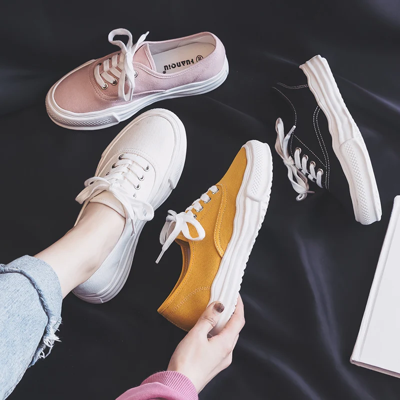 

2019 Spring New Women Canvas Shoes Sneaker Girls Pink Shoes Thick-soled Solid Color Lace Up Zapatos De Lona De Las Mujeres 35-40