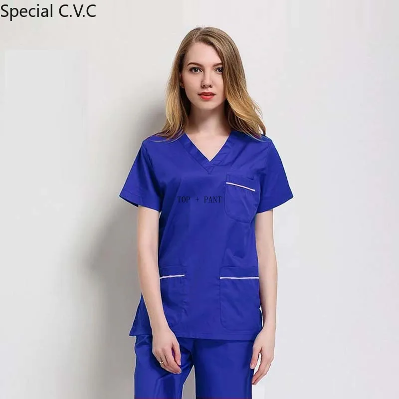 Women's Fashion Scrub SET Color Blocking Design V Neck Shirt with Side Vent + Pants (pure Cotton/polyester Cotton)