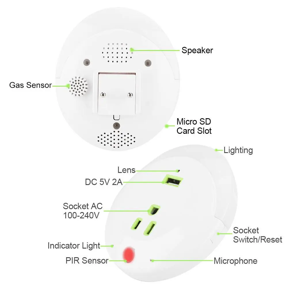 1080P wifi умный ночной Светильник розетка с камерой газовая сигнализация 110-240 В
