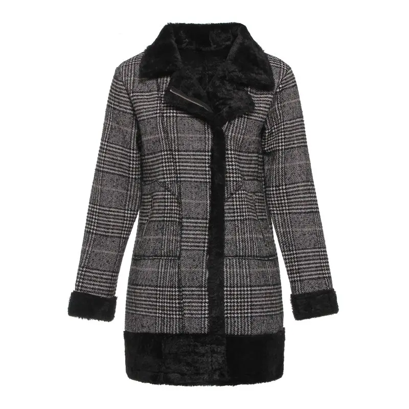 Клетчатое шерстяное пальто для женщин, зимнее плотное флисовое пальто, корейская мода, искусственный мех, теплая школьная уличная одежда для девочек, повседневная черная верхняя одежда