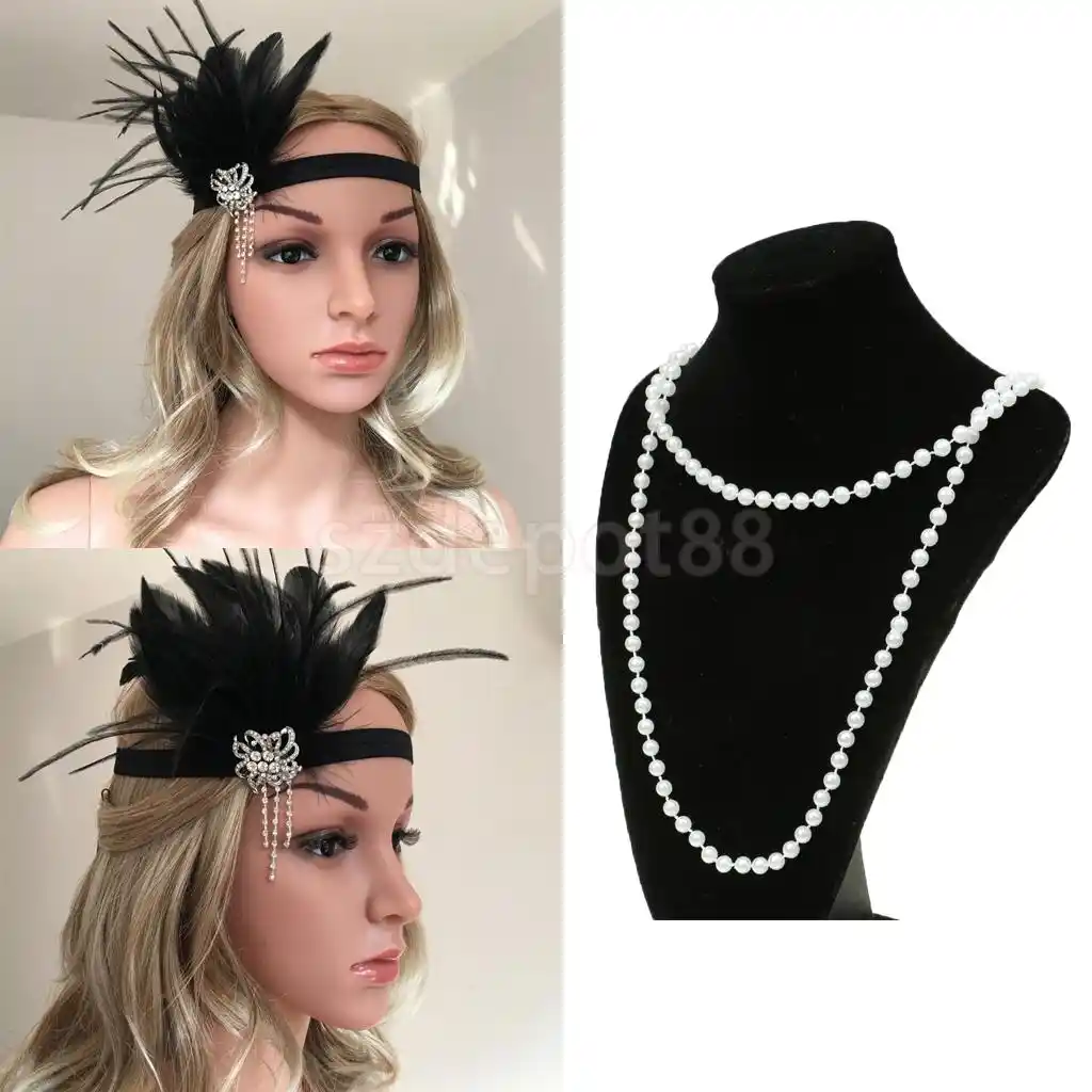 1920s Crystal Black Feather Flapper Great Gatsby Headband Women