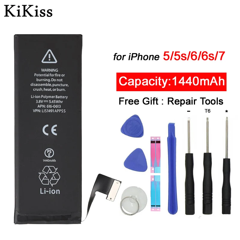 

100% Kikiss Origina Battery For Apple iPhone 5 5S 6S 6 7 Replacement Batteries Internal Phone Bateria 2060mAh With Machine Tools