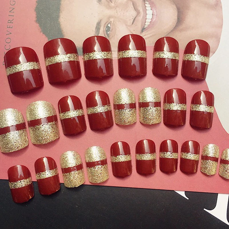 

24 Pcs Wine Red Glitter Line Short Fake Nails Full Cover Nail Art False Nails
