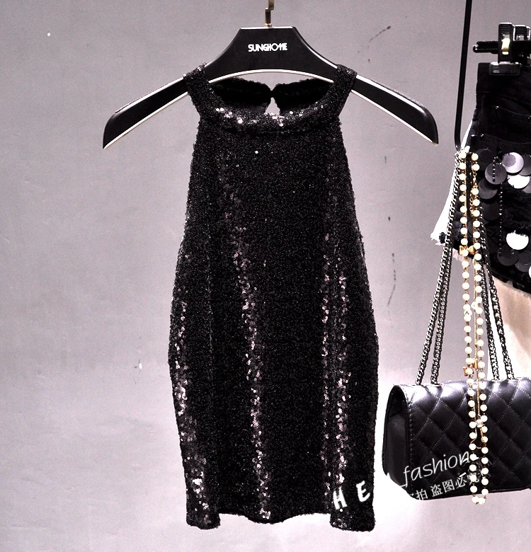 

Cakucool New Women Summer All Sequined Tanks Sexy black Gold sleeveless blouse Halter Bling Shiny Beading shirt Tops Female