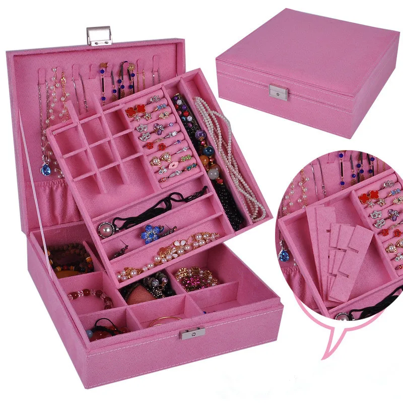 Стиль 2 слоя бархатная шкатулка для ювелирных изделий модный подарок шкатулка для ювелирных изделий модный дизайн - Цвет: Розовый