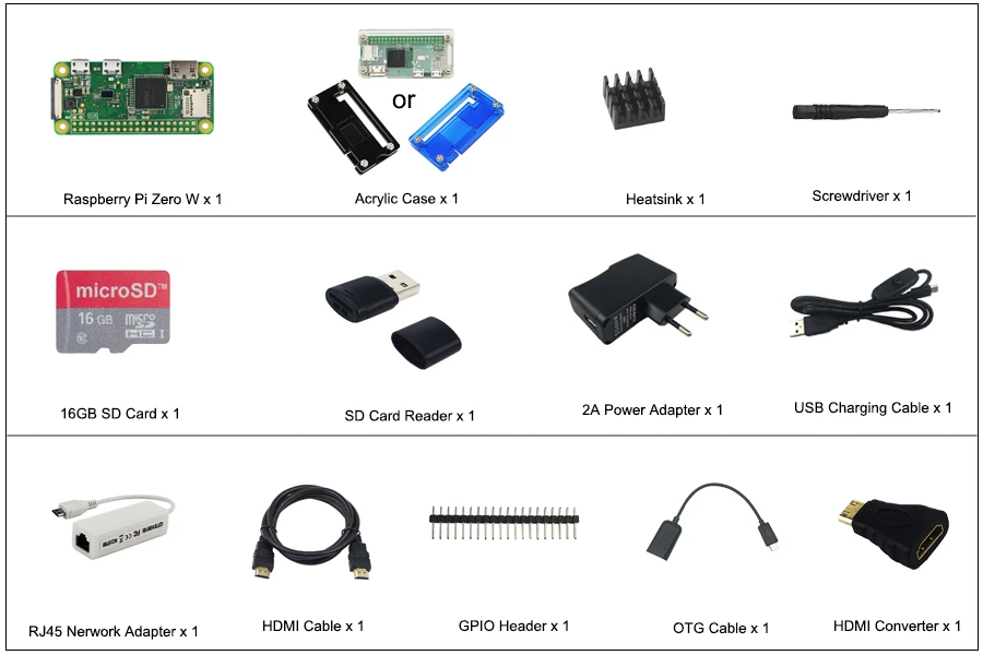 Малина Pi Zero Kit W + акриловый чехол + 2,8 дюймов сенсорный экран + 5MP Камера + RJ45 сетевой карты + 32 ГБ SD Card + радиатор + HDMI