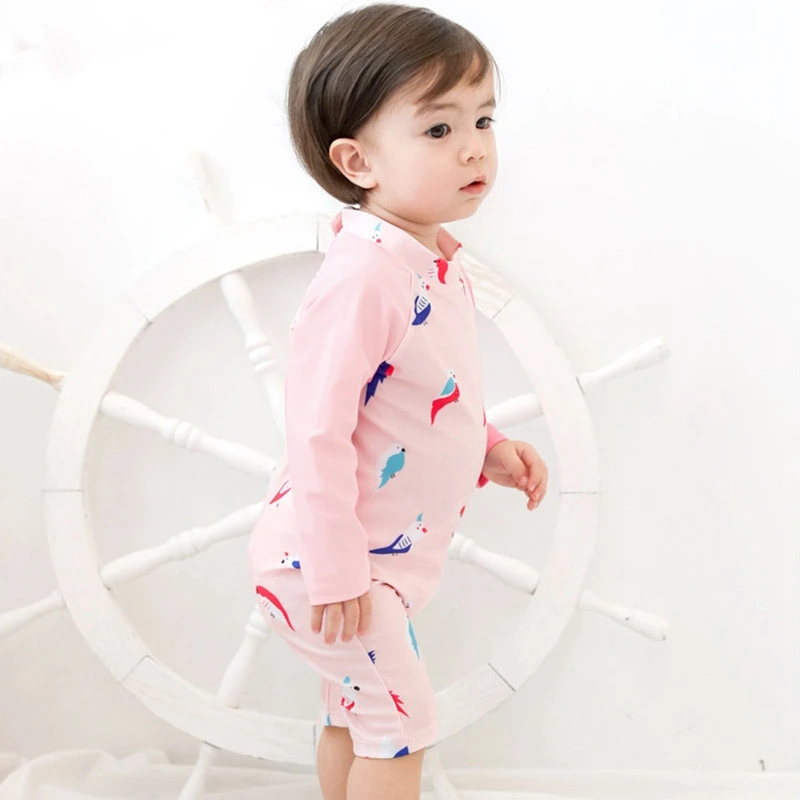 Kids Children Swimwear One-Piece Swimming Bathing Sunscreen Swimsuit Boys Girls Pink Cute Lovely Bath Swimsuit Long Sleeve Swim