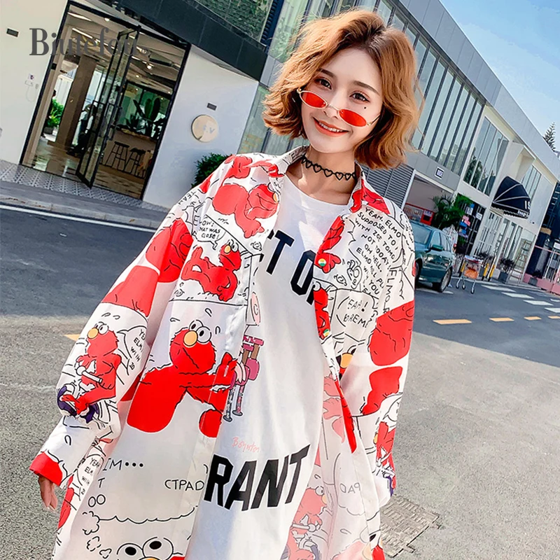 

2019 [Biutefou] New arrival autumn long shirts women cartoon print chic shirts
