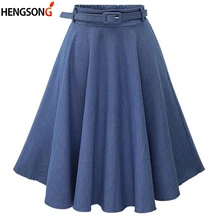 Осенне-зимняя модная женская юбка винтажная Ретро плиссированная юбка миди с высокой талией джинсовая Расклешенная юбка с поясом Saia Femininas