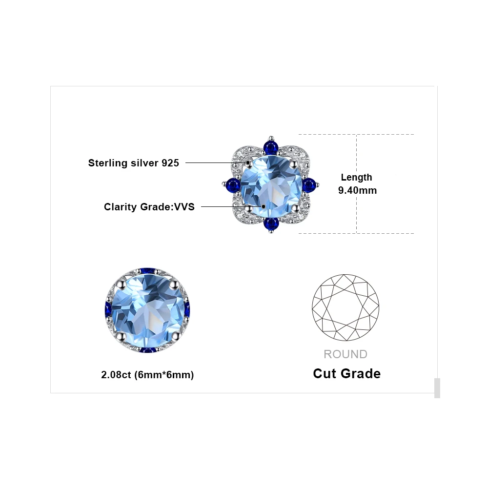 Jewelrypalace модные Серьги гвоздики 2.27ct круглый природный Голубой топаз инкрустация