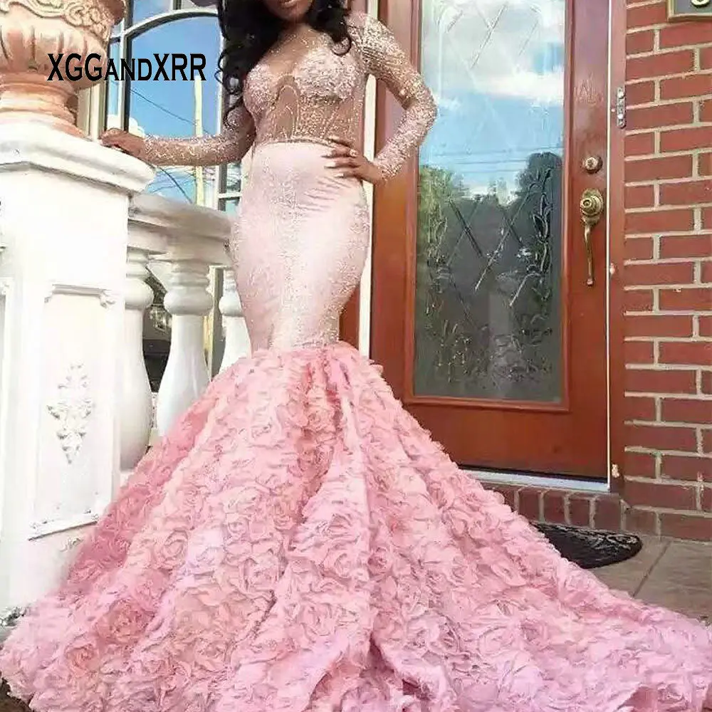 Элегантное платье с длинными рукавами для выпускного вечера с русалочкой,, розовое платье с цветочным принтом и бусинами, платье для выпускного вечера для девочек