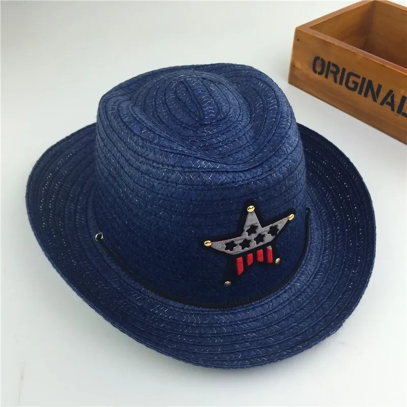 Уличная детская джазовая ковбойская шляпа летняя соломенная шляпа для мальчиков и девочек пятиконечная звезда патч солнце шляпа милый детский пляжный козырек - Цвет: Navy