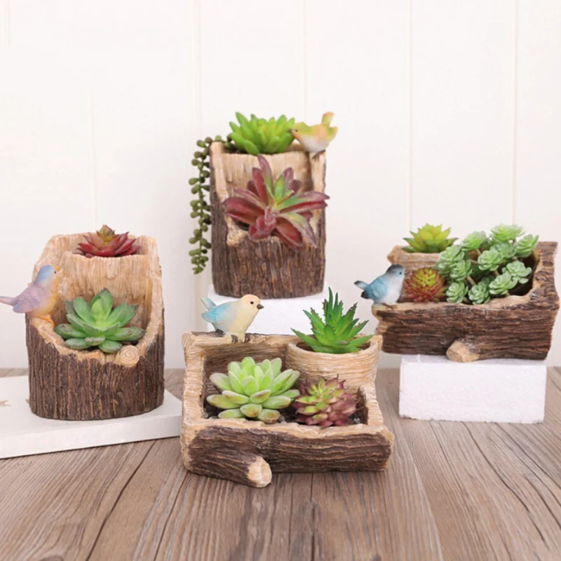 

Simulated Stump Birds Flower Pots Stand Resin Plant Container Plant Pot For Home Garden Office Desktop Decoration Planters