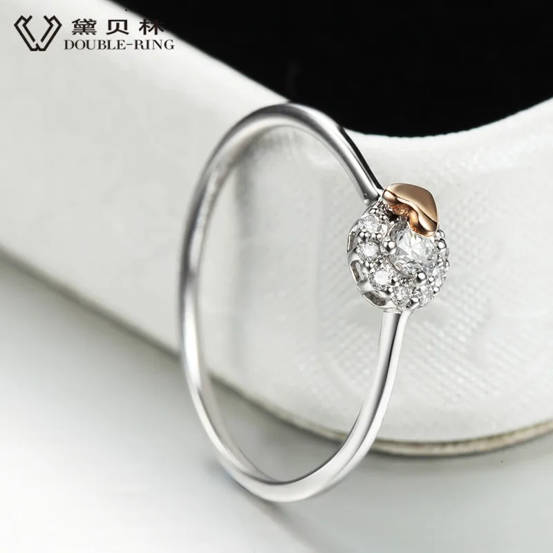 алмазная алмаз Дважды кольцо Настоящее 18 К золото Ювелирные украшения из натуральной 0.085ct кольцо с бриллиантом сердце Для женщин