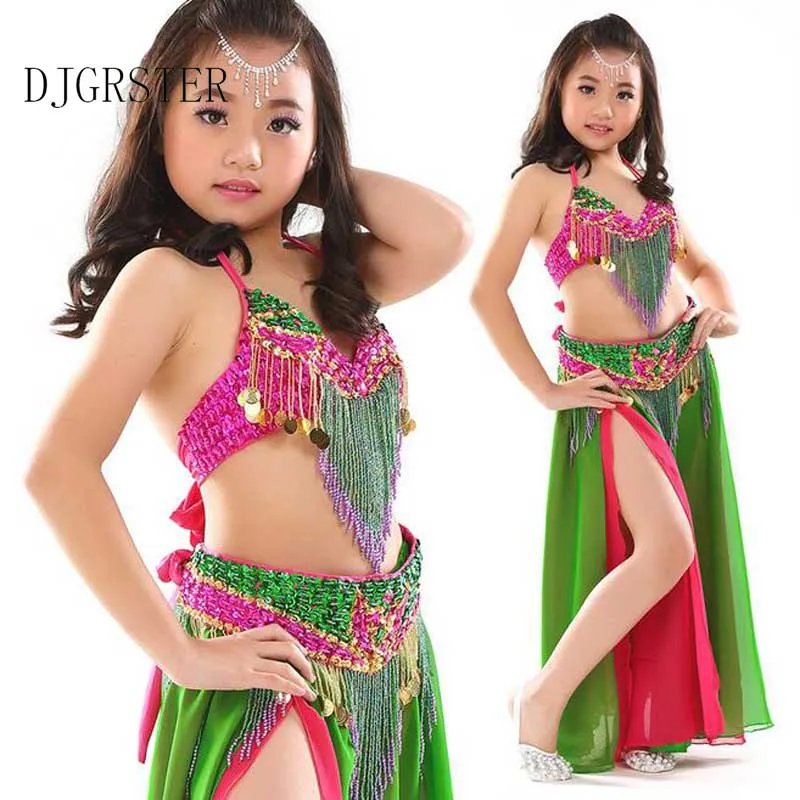 

DJGRSTER Stage Performance Oriental Belly Dancing Clothes 3-pieces Suit Bra, Belt, Skirt Children Belly Dance Costume for Girls