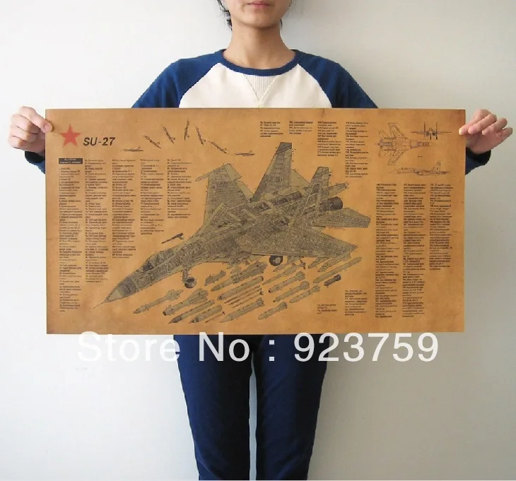 

Large Vintage Style decorative painting Retro Paper Poster RUSSIA SU-27 fighter aircraft structural drawings 28*15'(71* 38cm)