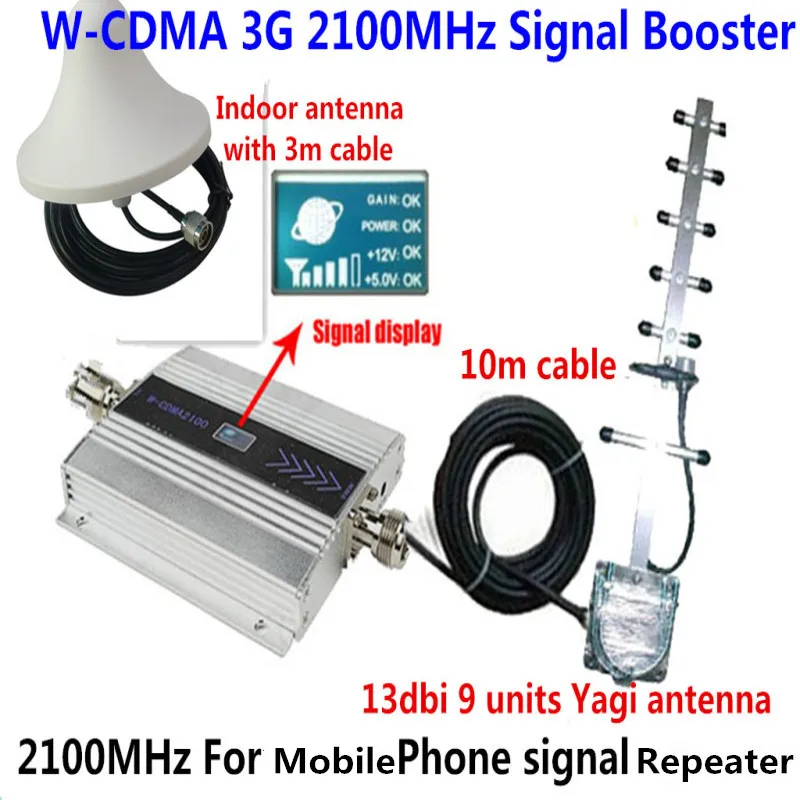 

LCD display 3G 2100MHz signal booster mobile W-CDMA signal repeater, cell phone signal amplifier 13dbi 9 units 3g yagi full set