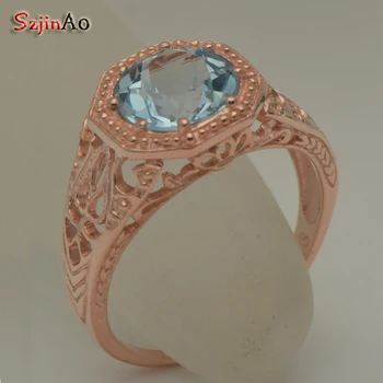 

Szjinao Custom Processing Aquamarine Real 14 k yellow Gold Rose Rold Ring For Women Weeding Engagement Jewelry