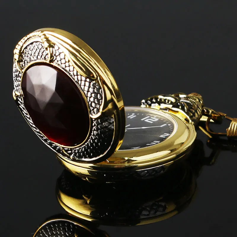 

Vintage Gold Pocket Watch Men Evil Dragon New Golden Tone Case Big Red Crystal Retro Red Garnet Inset Luxury Necklace Xmas Gift
