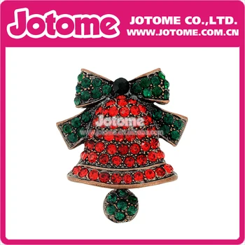 

100pcs/lot Red Christmas Bell with Green Bow Crystal Pin Brooch Fashion Jewelry
