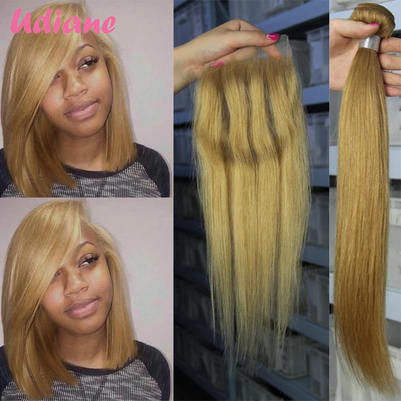 New Year Peruvian Straight Human Hair Weaves 4 Bundles With Blonde