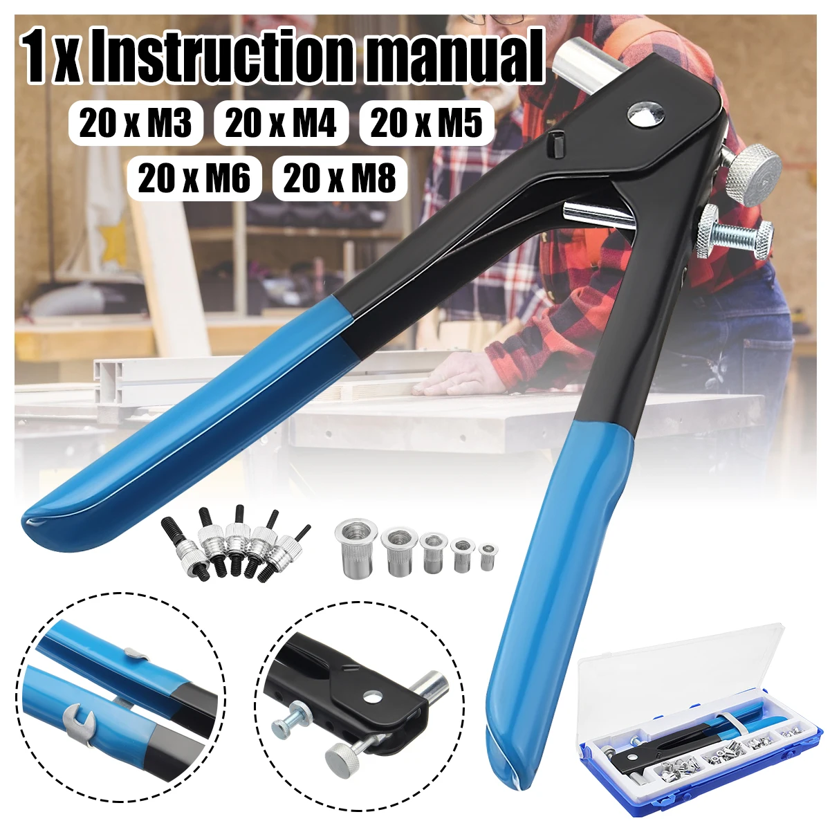 

106pcs Blind RivetGun Threaded Insert Hand Riveting Kit M3 M4 M5 M6 M8 Nutsert Rivet Nuts NailGun Household Repair Tools