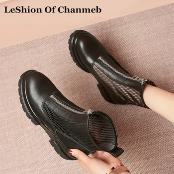 

ladies high quality real leather boots summer spring shoes woman larger size 42 military boots Front zip Net Boots Botas Mujer