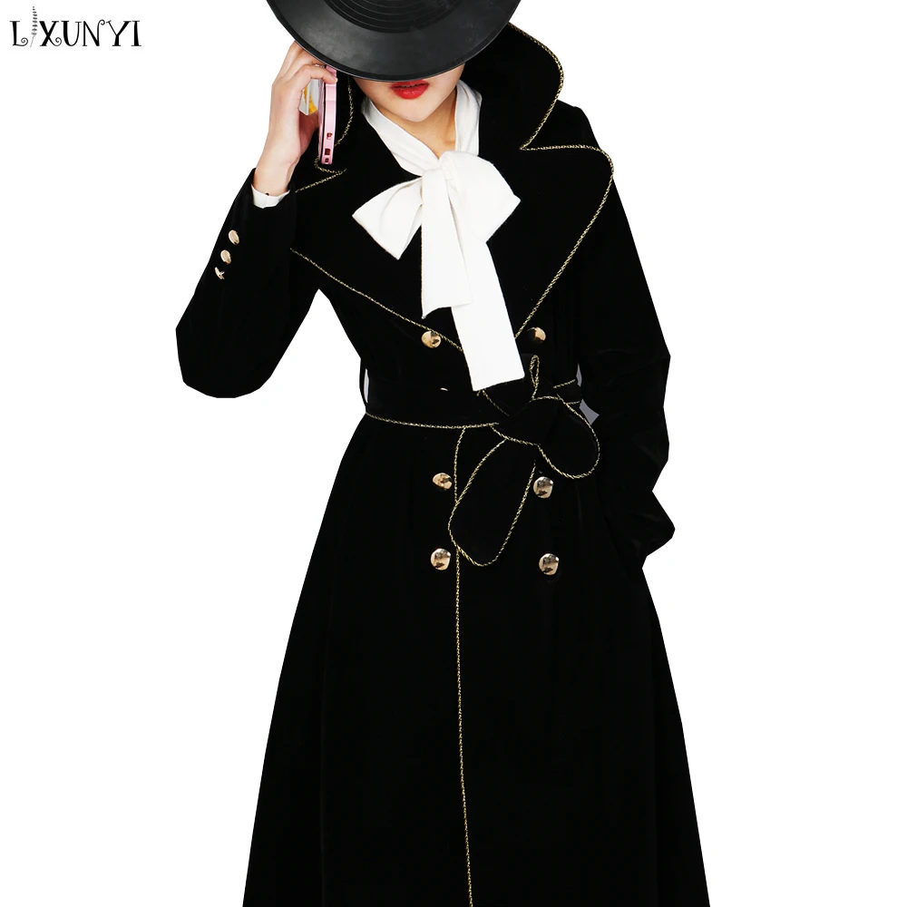 LXUNYI Slim Velvet Trench Coat Women Long Fall 2019 Fashion Bow Belt