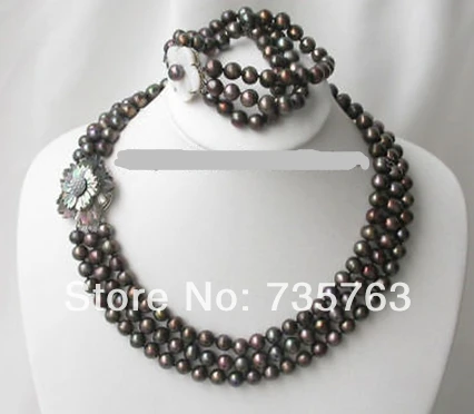 

xiuli 00287 3strands 8-9mm black FW pearl necklace bracelet set