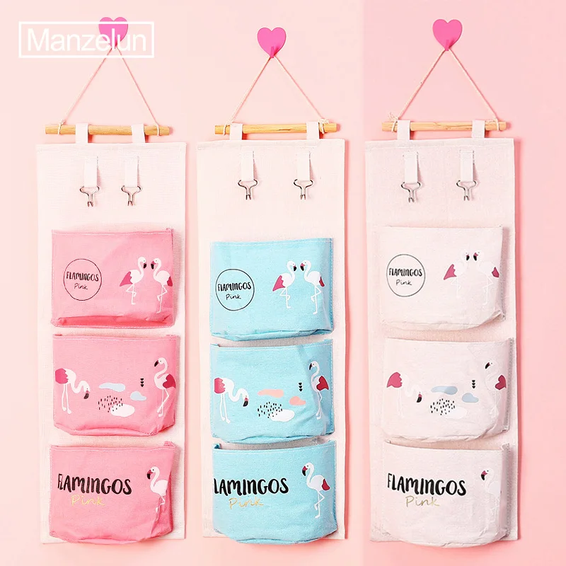 Flamingo Hanging Bag Storage Organizer Cotton Line Door Pouch Wall Mount Hang Bag Waterproof Cosmetic Toys Container 3 Pockets (6)