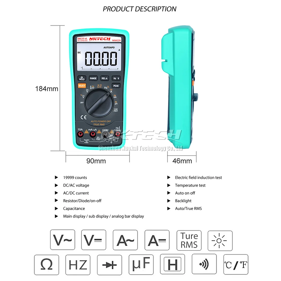NKTECH Цифровой мультиметр MS8229 Тип rms 19999 Количество авто-диапазон температуры Частота Омметр AC DC Электрический полевой тест