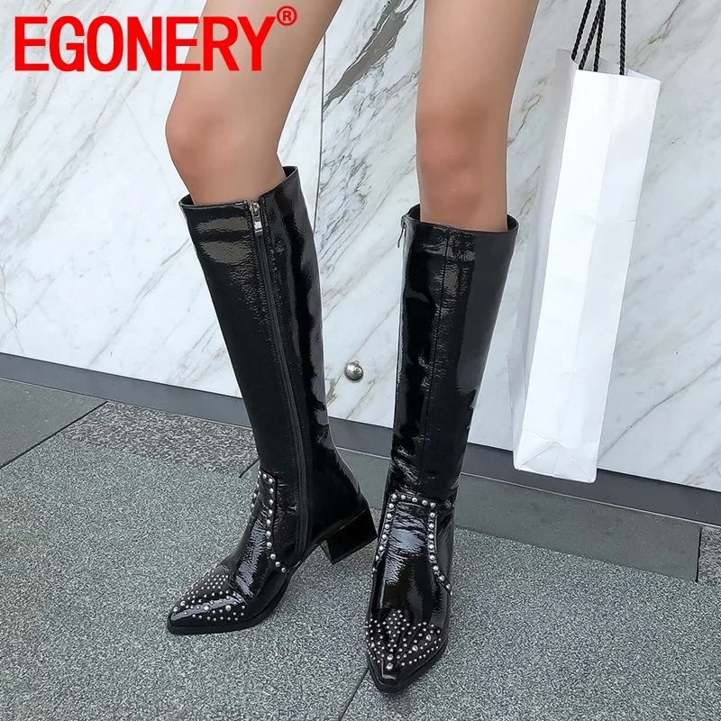 

EGONERY woman shoes winter new fashion patent leather rivet knee high boots outside mid heels zip ladies shoes drop shipping