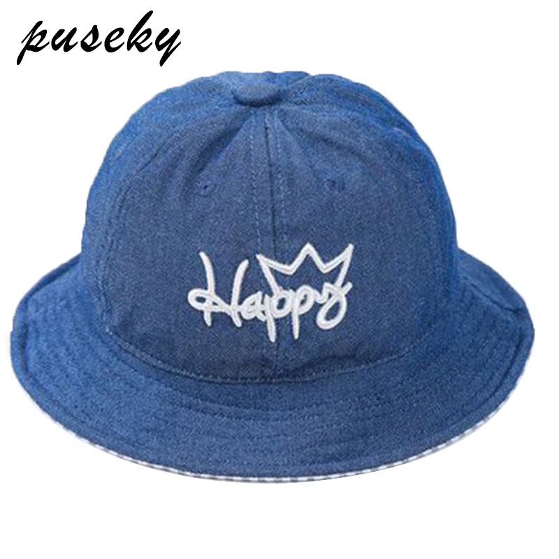 

Puseky Blue Boys Girls Jeans Hats Baby Cartoon Happy Letter Hats Children Spring Summer Sun Hats Infants Bucket Caps Denim Hats