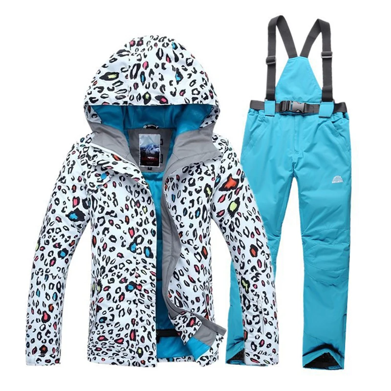 

2019 High Quality Women Skiing Jackets Sets Pants Snowboard Clothes Thick Warm Waterproof Windproof Winter Leopard Ski Suit