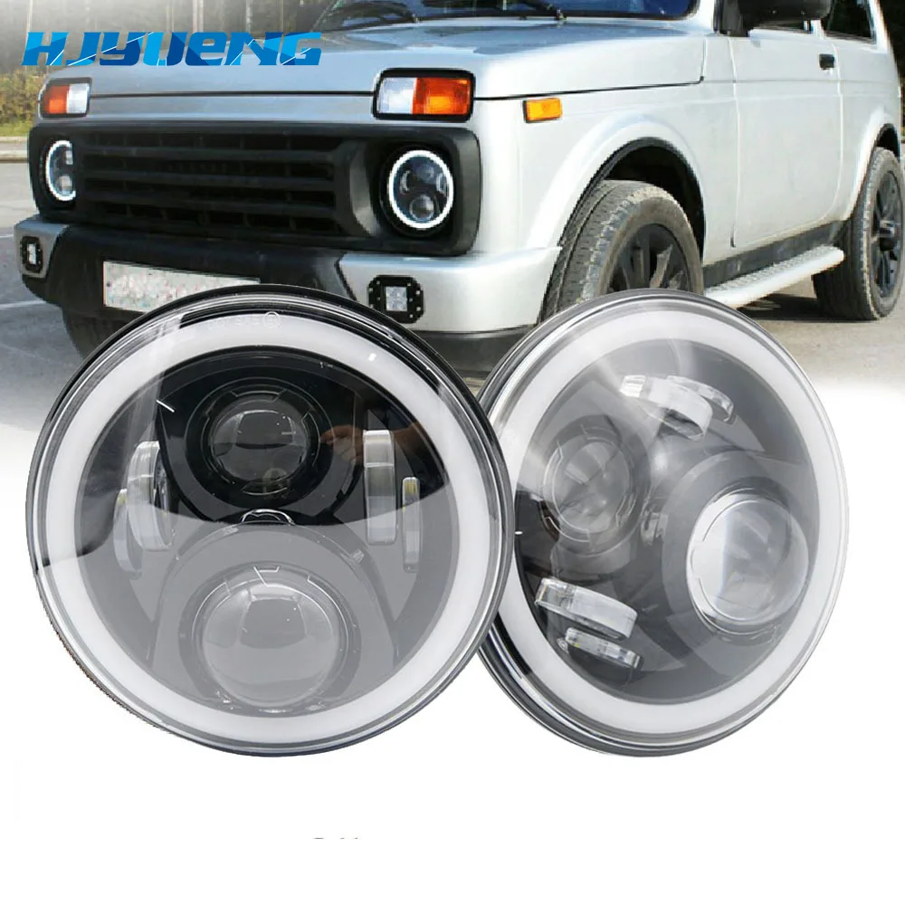 

7Inch LED Headlamps with Halo Ring Amber Turn Signal For lada niva 4x4 suzuki samurai 7" LED DRL Halo Headlights For VAZ 2101