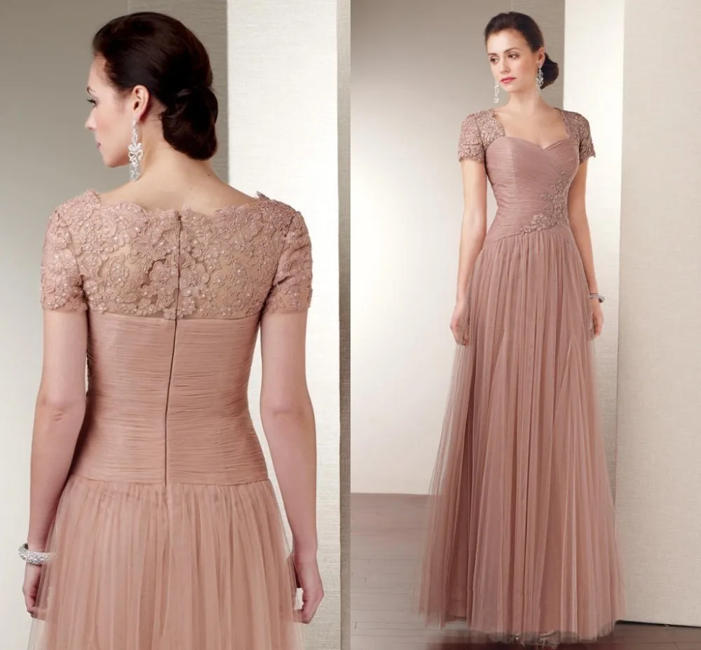 Champagne lange Moeder van de Bruid Jurken 2015 korte Mouwen Floor-length Tulle Kant Applicaties voor Wedding Party Dress kralen Champagne lange Moeder van de Bruid Jurken 2015 korte Mouwen Floor-length Tulle Kant Applicaties voor Wedding Party Dress kralen