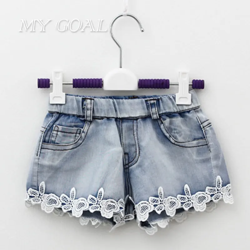 Summer Fashion Girls Lace Flower Denim Pocket Short Jeans Pants Baby